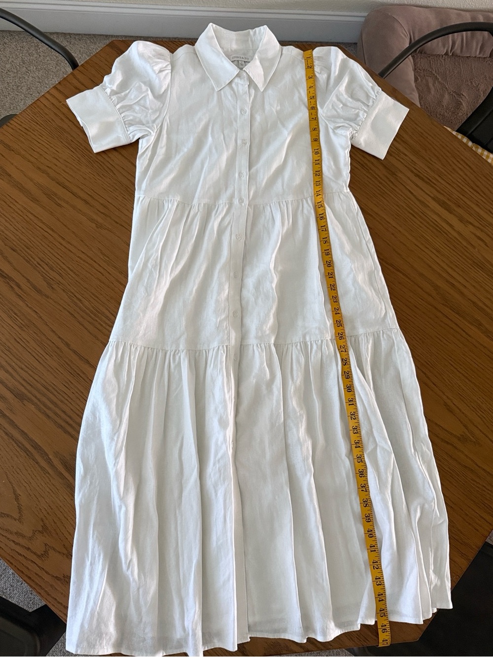 Linen Blend White Button-Front Tiered Midi Cottagecore Dress Crown & Ivy S - Picture 7 of 7